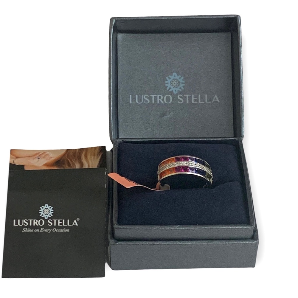 Lustro Stella 925 Sterling Silver Rainbow CZ Band Ring | Multi-Color Gemstone - Picture 3 of 7